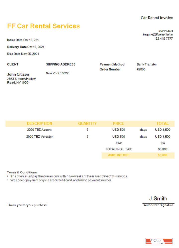 USA FF Car Rental Services invoice PSD template